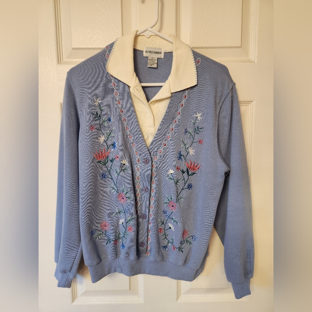 Vintage Alfred Dunner Embroidered Mock Cardigan | Floral Knit | Size Small